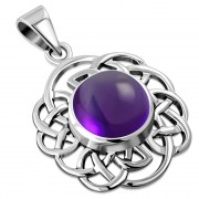 Round Celtic Knot Silver Pendant, set w Amethyst Genuine Stone